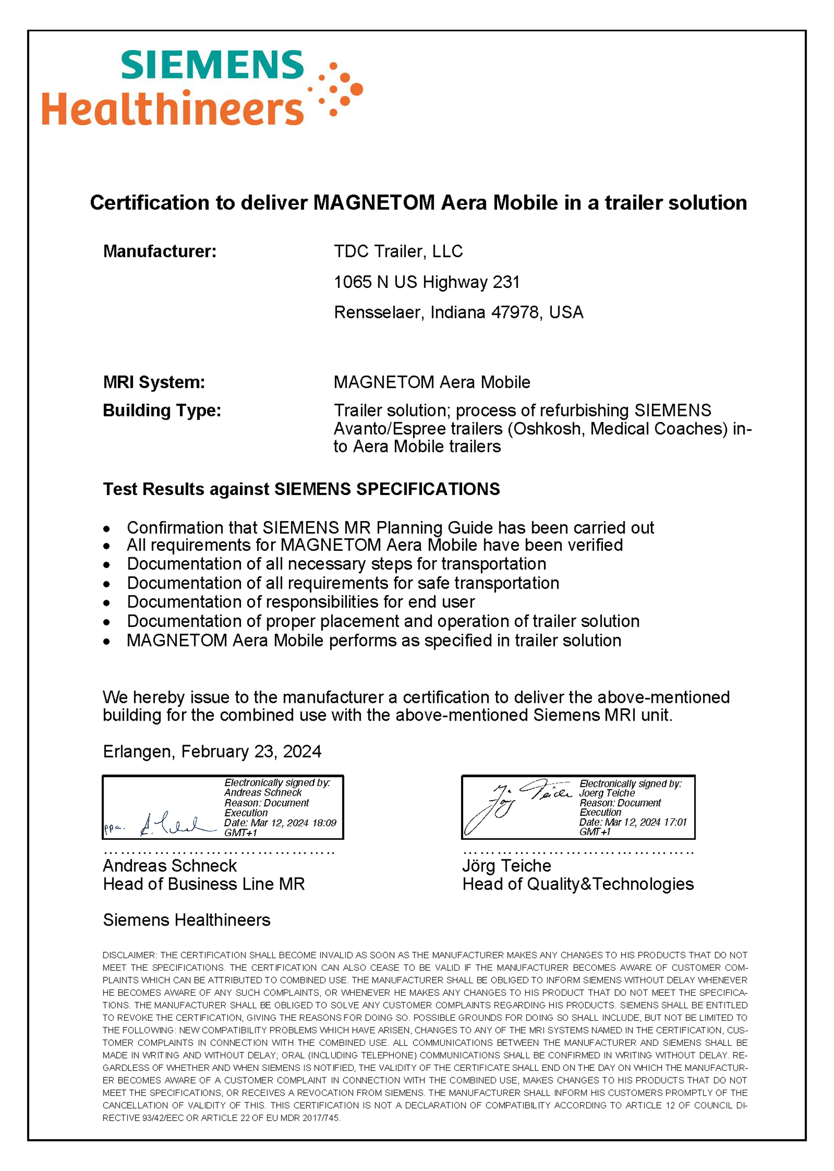 Siemens Certificate of MAGNETOM Aera Mobile System